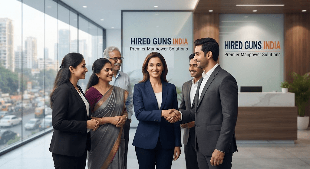 Professionals connecting in a modern Hired Guns India office